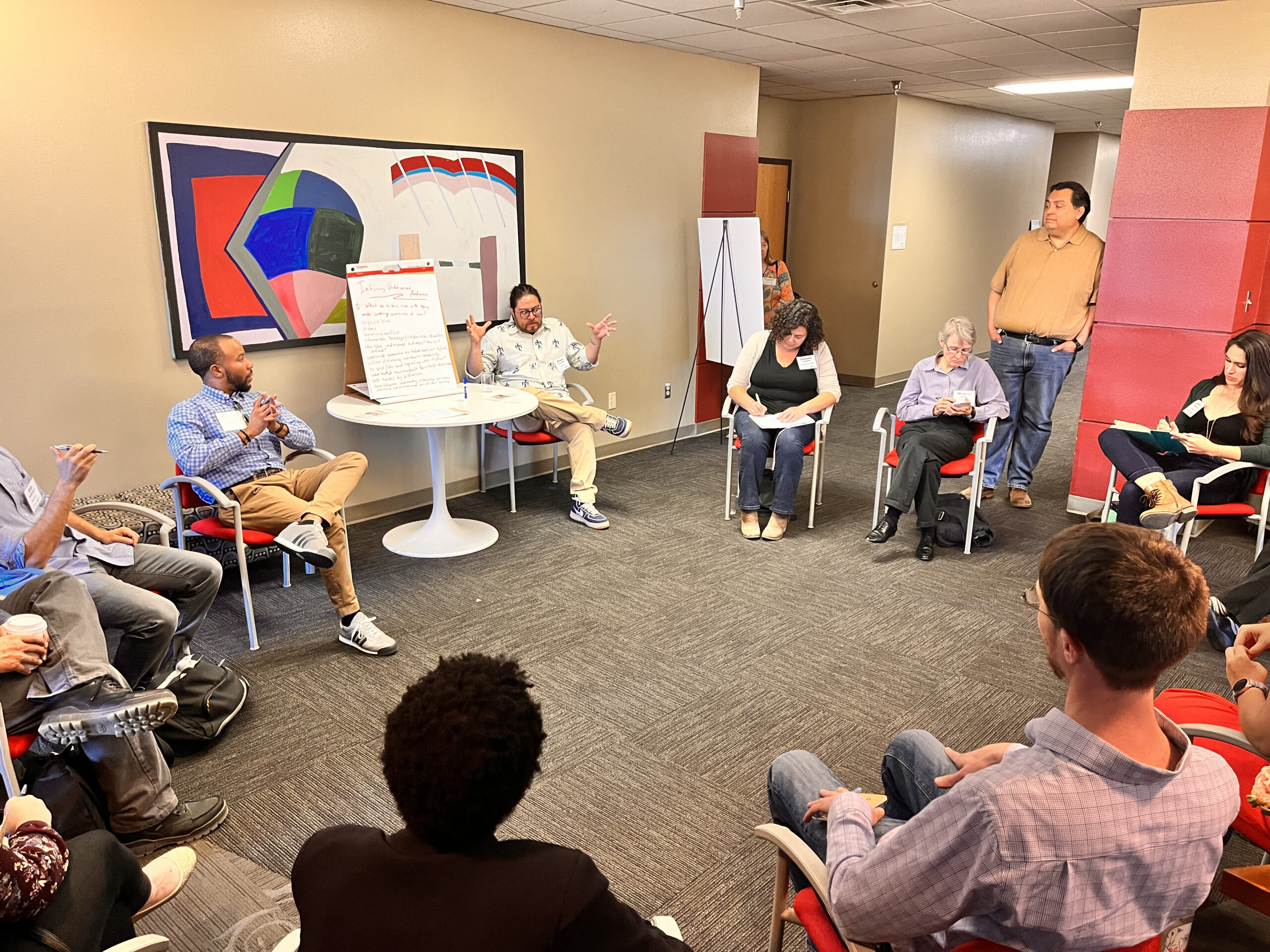 Source New Mexico's Shaun Griswold (center, hands up) leads a breakout group at the first New Mexico Local News Summit in 2023.